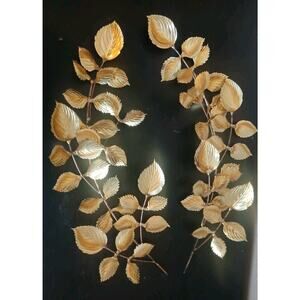 Vintage Wall Art Gold Brass Branch Leaves Sculpture Wall Hanging 16” Pair